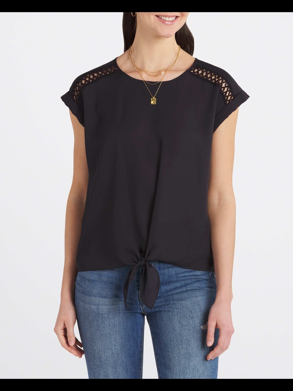 Black Tie-Front Crop Top with Ladder Shoulder Detail
